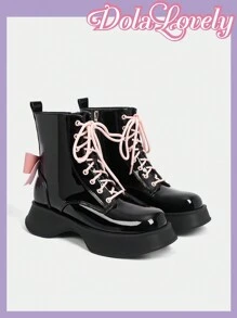 Dola Lovely Black Platform Boots Women Short Booties Ins British Style 2024 Autumn Winter New Mid-Calf Boots Flight Attendant Slim Boots Boots Ladies Ankle Boots For Christmas And New Year Holiday