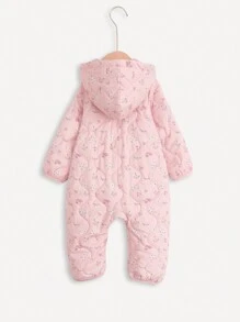 Baby Girl Ditsy Floral Hooded Long Sleeve Jumpsuit, Casual Daily Wear - Pink - View 2