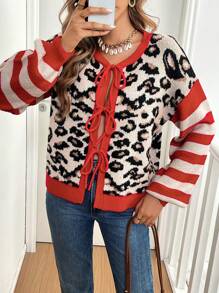 SHEIN Frenchy 女士休闲豹纹拼接条纹灯笼长袖系带毛衣开衫，秋冬，新年女士圣诞节红色猎豹情人节 - 紅色 - 查看 4