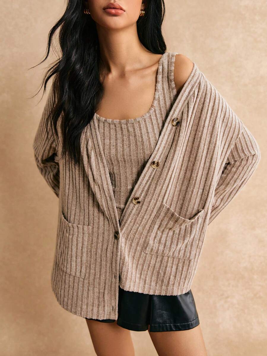 Poéselle Knitted Set, Elegant Ladies Cardigan And Knitted Vest Two-Piece Set, Light And Soft Knitted Fabric, Winter Wear, Christmas Gift, Christmas Warm Women's Clothing, Brown Set, Brown Vest,2024 AW - Khaki - View 1