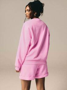 Athîral 2 stuks dames casual letter borduurwerk sweatshirt en shorts set, herfstletter print voor balspel, sport voetbal