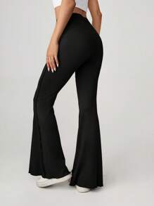 SHEIN Tall 生菜边饰弹性女式喇叭裤 - 黑色 - 查看 8