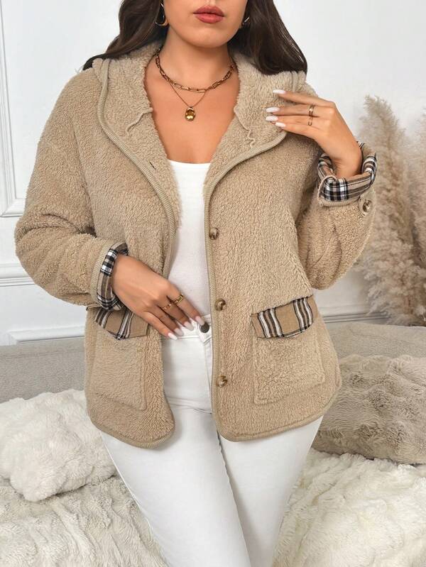 SHEIN Frenchy Plus Size Women's Drop Shoulder Plaid Hooded Thermal Lined Jacket, Warm For Autumn And Winter White
