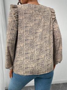 SHEIN Frenchy 加大码 V 领全印花优雅长袖衬衫，长袖图案衬衫 - 卡其色 - 查看 6