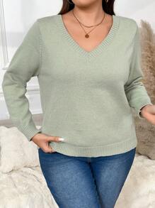 SHEIN Frenchy 大码优雅 V 领蕾丝拼布修身毛衣，冬季 - 綠色 - 查看 6