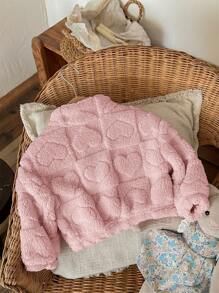 SHEIN LMoss Kids LMoss Autumn/Winter Cute Casual Versatile Heart Pattern Fluffy Long Sleeve Stand Collar Jacket For Baby Girls