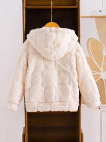 适合秋冬季的年轻女孩心形图案长袖拉链前羊毛连帽休闲夹克 - 米色 - 查看 2