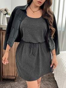 SHEIN LUNE Plus Size Casual Solid Color Waisted Sleeveless Dress Plus Size Fall Clothes Dresses For Women - Grey - View 3