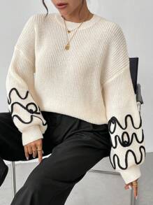 SHEIN Clasi Women Casual Daily Loose Fit Lantern Sleeve Embroidered Knit Sweater, Autumn/Winter - Beige - View 6