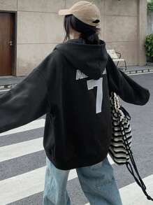 DAZY 女士休闲字母印花保暖内衬连帽衫运动衫，秋冬，长袖上衣，秋季女装拉链夹克 - 黑色 - 查看 2