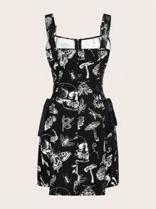 SHEIN LUNE 骷髅印花拉链前系带粗肩带无袖连衣裙 - 黑色 - 查看 2