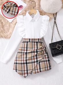 Tween Girls Academy Style Ruffle Collar Shirt And Plaid Skirt Shorts 2pcs Set, Autumn - Khaki - View 5