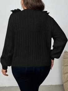 SHEIN Privé 加大码优雅校园风黑色长袖开衫，带荷叶边领，适合返校季和冬季