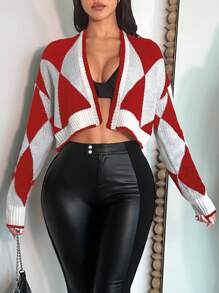 SHEIN SXY 女士纯色拼布长袖开衫，休闲与日常穿着 - 紅色 - 查看 4