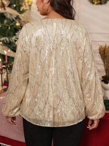 SHEIN Clasi Áo sơ mi nữ cổ tròn đính sequin thời trang, thích hợp mặc trong các dịp Halloween, Giáng sinh, Năm mới, Lễ hội Trung Quốc, Ngày lễ tình nhân, Tiệc/Sự kiện Lễ Tạ ơn, Cỡ lớn, Mùa thu - màu đen - Xem 2