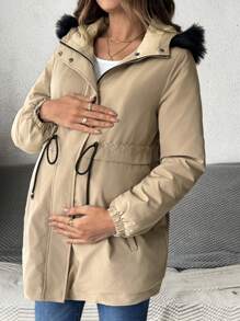 SHEIN Maternity Winter Pregnant Women Long Sleeve Coat, Hooded Button Outerwear - Brown - View 6