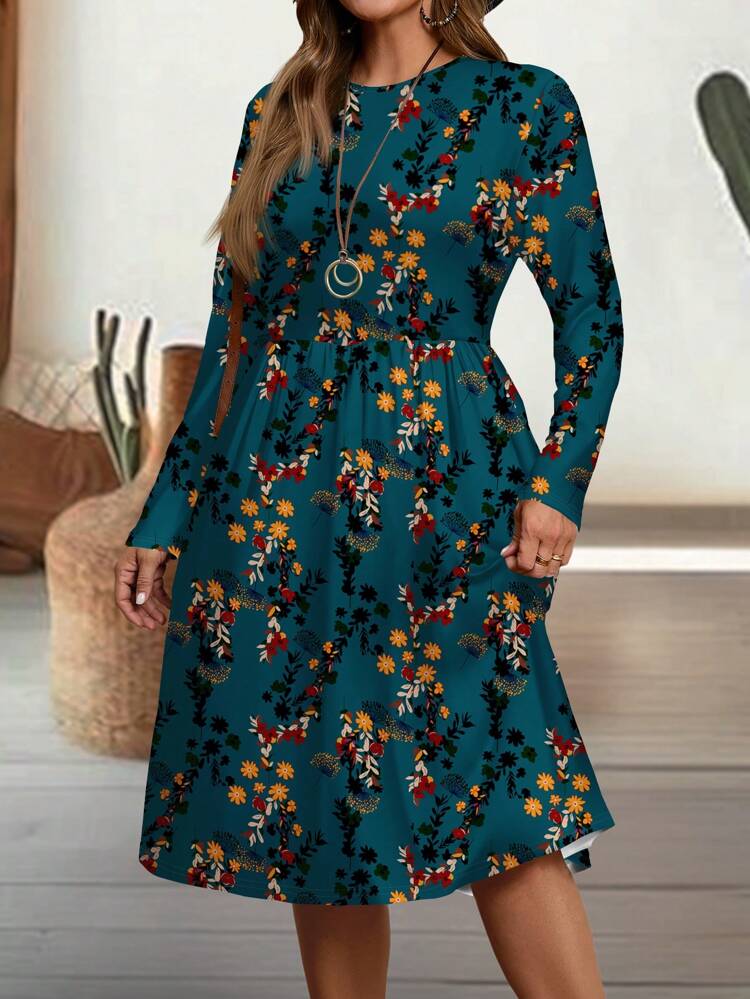 Casual Ditsy Floral Navy Blue Slim Fit Round Neck Long Sleeve Plus Size Dress, Suitable For  Chic Dress,Spring, Spring Break