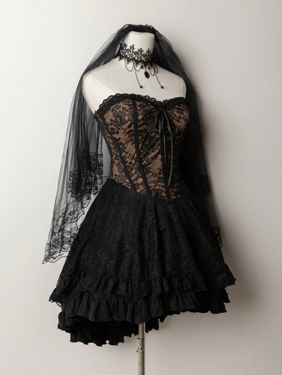 SHEIN ICON 休闲短款蕾丝抹胸前系带百褶连衣裙 - 黑色 - 查看 1