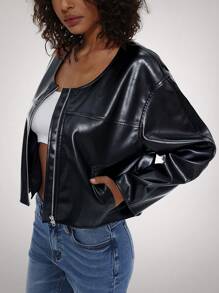 Forever 21 前拉链长袖休闲 PU 黑色简约夹克 - 黑色 - 查看 9