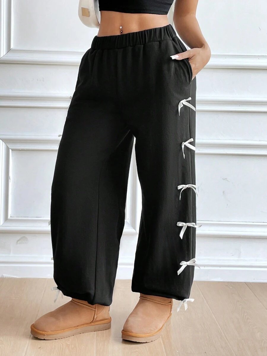 SHEIN ICON Quần nỉ đơn giản có túi trang trí nơ màu tương phản có bo gấu - màu đen - Xem 1