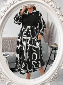 SHEIN Unity Vestido de manga larga con cuello vuelto, parches de punto acanalado y estampado, talla grande - Multicolor - Ver 3