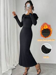 Chiquease فستان أنيق بأكمام طويلة وياقة دائرية ذو موحد اللون - الأسود - مشاهدة 1