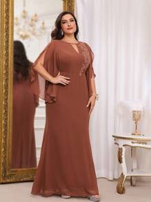 SHEIN Belle Váy vải voan màu nâu gỉ thanh lịch cỡ lớn cho nữ, cổ tròn, cổ chữ V khoét sâu, trang trí ngực thêu, tay dài xếp nếp bất đối xứng, tay áo xẻ tà, viền đuôi cá mini, phù hợp với váy phù dâu trang trọng - Rỉ Nâu - Xem 2