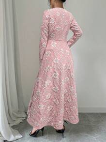 Elenzga 优雅花卉提花纽扣细节长裙，季节性穿着长款女装 - 粉色 - 查看 2