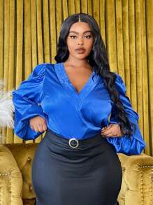 Slaydiva Women Plus Size Long Sleeve V-Neck Puff Sleeve Solid Color Elegant Blouse, Suitable For Commuting, Autumn - Blue - View 8