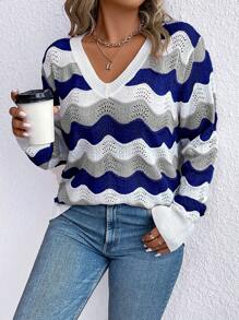 Plus Size Women Contrast Color V-Neck Striped Long Sleeve Casual Simple Versatile Outdoor Pullover Sweater, Autumn/Winter Knit Pullover Fall Outfit - Multicolor - View 4