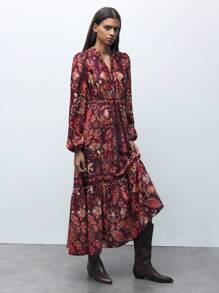 Maija 女式早春波西米亚复古花卉印花流苏吊坠长灯笼袖宽松长款连衣裙度假 - 彩色 - 查看 7