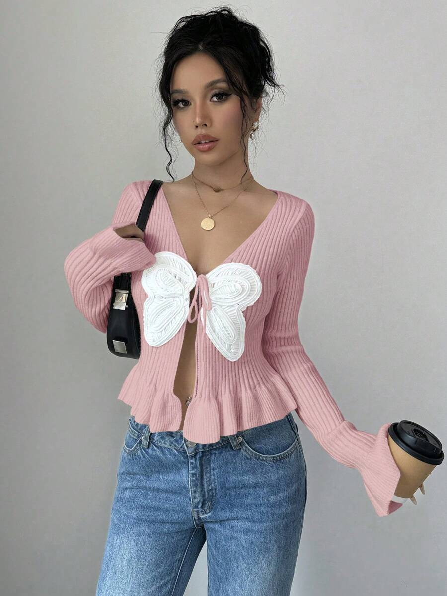 SHEIN Unity Cárdigan de manga larga con volante y abertura delantera con nudo, en colores contrastados, para otoño e invierno - Rosa - Ver 1