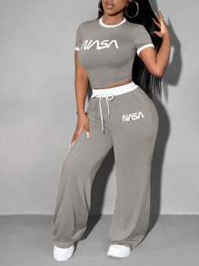 SHEIN SXY Summer;2pcs/Set Rose Pink Sporty Contrast Trim Top With Relaxed Fit Wide Leg Pants, Casual Tracksuit