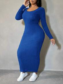 SHEIN SXY 大码纯色 V 领长袖简约长款休闲连衣裙 - 藍色 - 查看 5