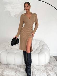 Chiquease Women Casual Solid Color Surplice Collar Split Thigh Ribbed Knit Sweater Dress Fall Cloth For Women - Khaki - View 1