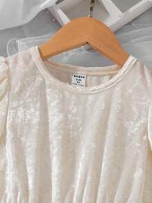 Robe A-line en velours col rond pour jeune fille, manches longues. Tenue de fête haut de gamme et élégante pour occasion spéciale. Assortiment mère-fille. Couleurs abricot et champagne pour l'automne/hiver - Champagne - Voir 3