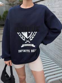 DAZY Grafik Buchstaben Muster Loose Fit Crew Neck Hoodie mit Langen Ärmeln für Frauen, Herbst Damen Kleidung Sweatshirt - marineblau - Übersicht 7