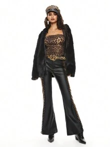 ROMWE Grunge Punk Gyaru 豹纹拼接铆钉设计低腰紧身高弹力仿皮 PU 女式喇叭裤 - 黑色 - 查看 2