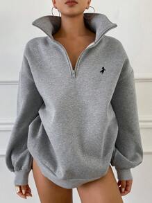 DAZY 时尚基本款小宽松 Polo 领休闲保暖衬里运动衫，适合女士，秋季服装，保暖衬里 - 灰色 - 查看 2