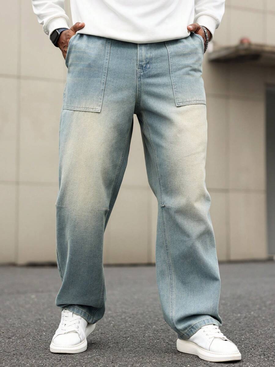 Manfinity Homme Men's Plus Size Casual Straight Leg Washed Denim Jeans, Plain Wide Jeans Long Distressed Baggy Light Blue Cargo Jeans, For Husband, Boyfriend Gifts - Blue - View 1