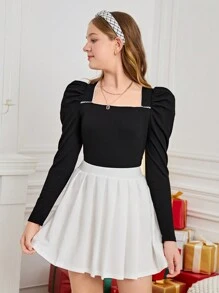 SHEIN Teen Girl's 2pcs Black Knitting/ Leg Of Mutton Sleeves/Winter/Elegant/For Party/White Pleated Skirt - Black and White - View 6