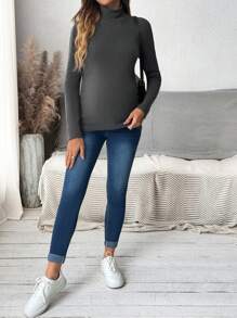 SHEIN Stand Collar Long Sleeve Maternity Tight Fit T-Shirt, Includes Built-In Breast Pad, Autumn - Dark Grey - View 6