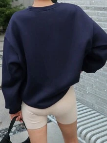 DAZY Grafik Buchstaben Muster Loose Fit Crew Neck Hoodie mit Langen Ärmeln für Frauen, Herbst Damen Kleidung Sweatshirt - marineblau - Übersicht 2