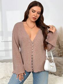 SHEIN Frenchy Plus Size Faux Pearl Button Deep V-Neck Long-Sleeved Knitted Cardigan Spring - Khaki - View 5