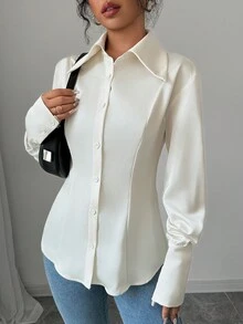 Elenzga 女士杏色大领褶皱长袖衬衫女士衬衫 - 杏色 - 查看 4