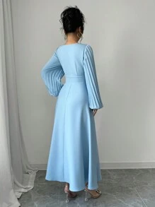 Elenzga 1 件女士圆领腰部褶皱喇叭形日常连衣裙长款女装 - 藍色 - 查看 2