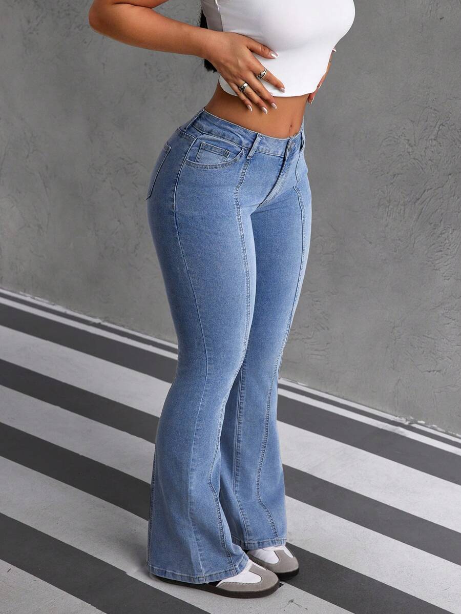 SHEIN EZwear 女式口袋喇叭休闲百搭牛仔裤 - 藍色 - 查看 1