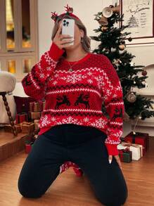 SHEIN VCAY 大码女式休闲鹿雪图案圆领长袖毛衣，秋冬款 - 紅色 - 查看 3