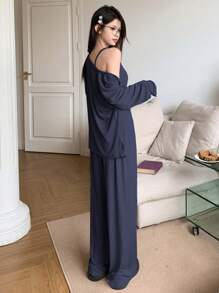 DAZY 3件套简约吊带背心、睡袍和裤子家居休闲服套装，舒适保暖，秋冬睡衣 - 藏蓝色 - 查看 2