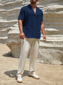 HIMLAND Men Casual Solid Notched Neck Half Button Blue Shirt, Old Money - Royal Blue - View 5